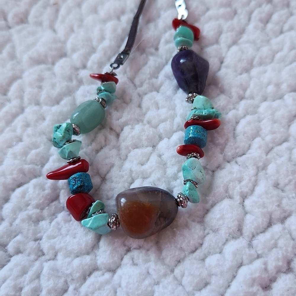 Vintage Handmade Multistoned Turquiose Amythest Beaded Leather Necklace - Picture 3 of 8